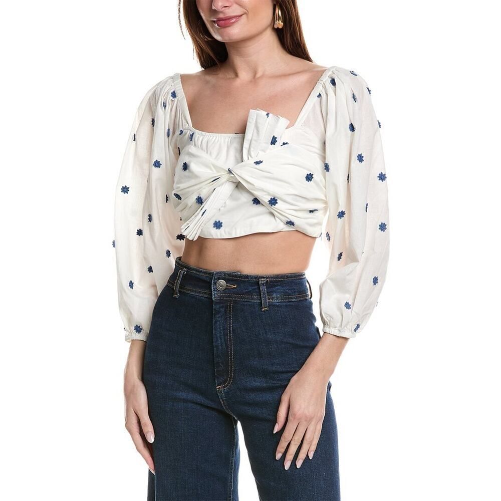 Anthropologie FARM Rio Bow Front Crop Top white blue floral small *read desc*